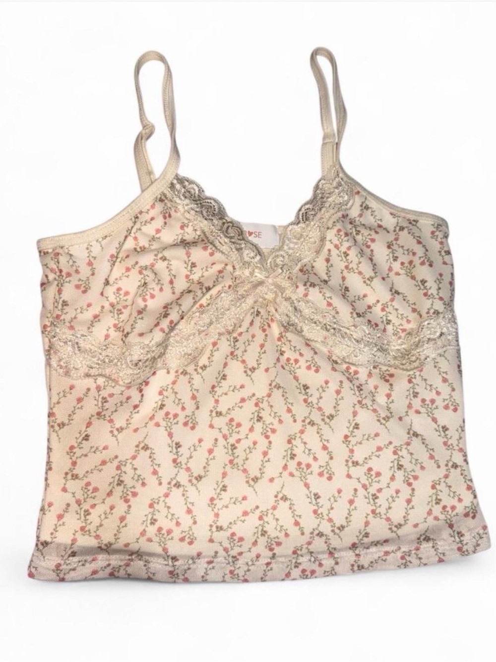 Pink Rose Cream Floral Lace Trim Crop Cami with Pink Blossoms